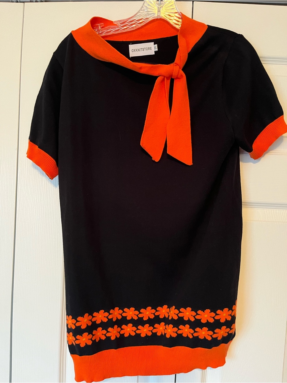 Black & Orange Short Sleeve Knit Top with Neck Tie